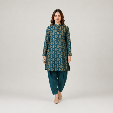 Women's Navy Blue Ethnic Printed Kurta Palazzo Set