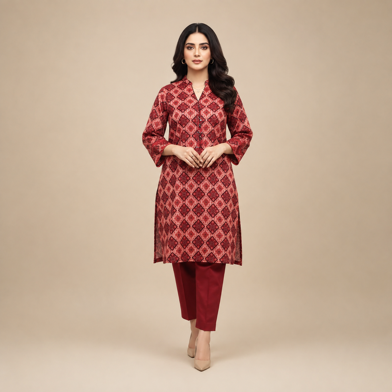 Women's Red Geometric Printed Kurta Pant Set