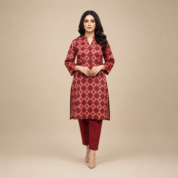 Women's Red Geometric Printed Kurta Pant Set