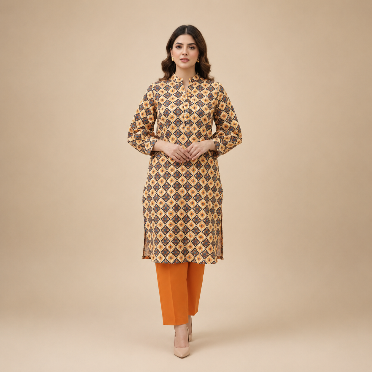 Women's Beige Geometric Printed Kurta Pant Set