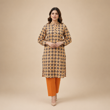 Women's Beige Geometric Printed Kurta Pant Set