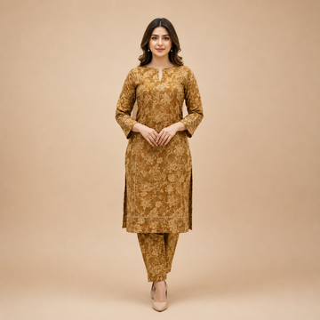 Women's Beige Geometric Printed Kurta Pant Set