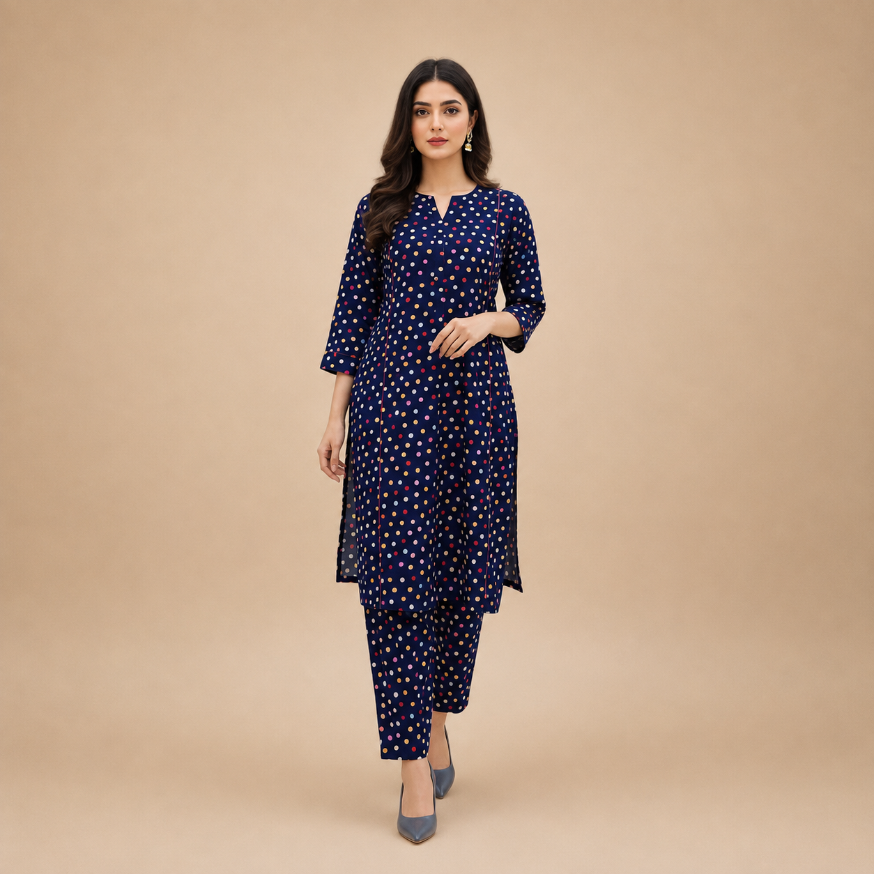 Women's Navy Blue Polka Dot Kurta Pant Set