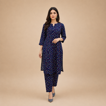 Women's Navy Blue Polka Dot Kurta Pant Set