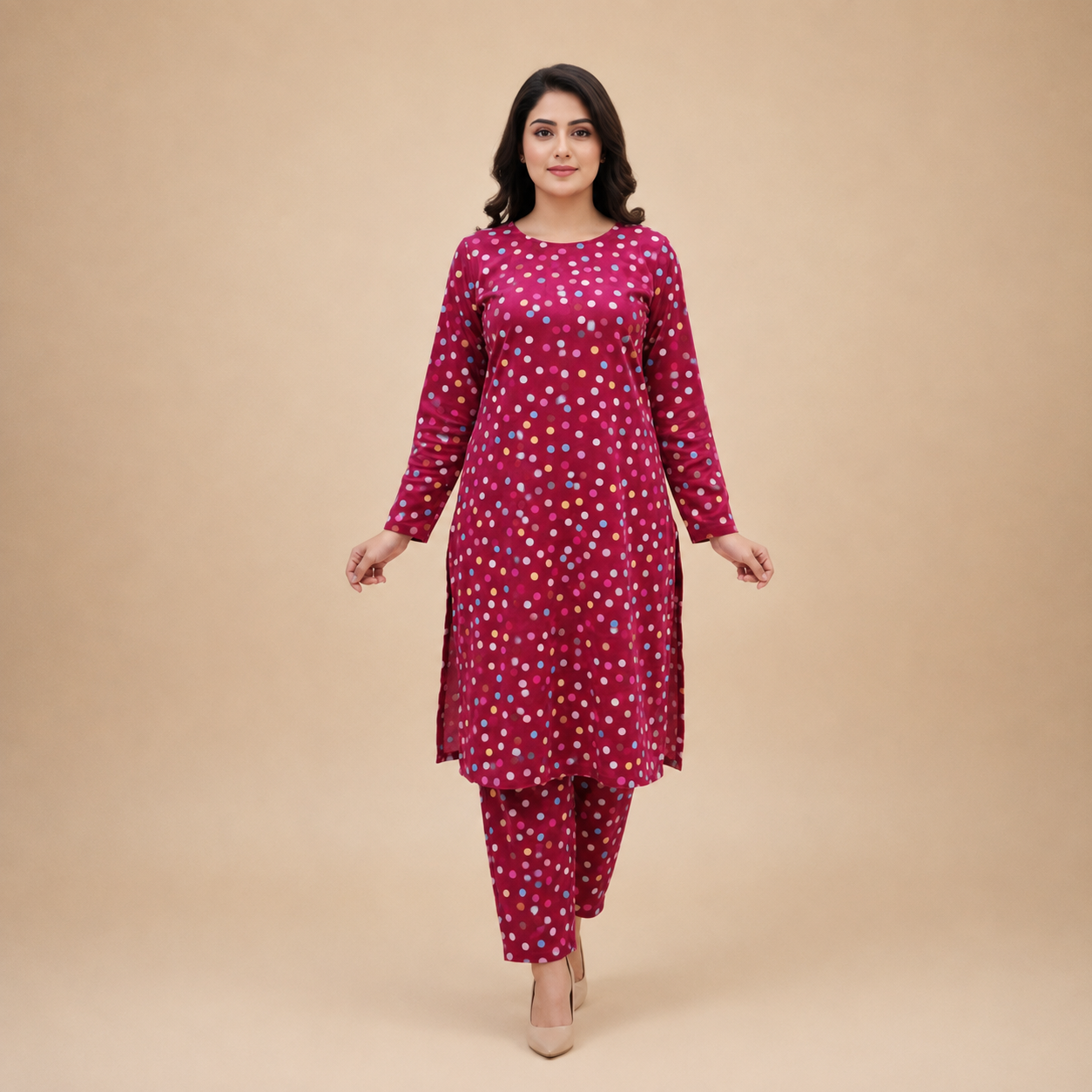 Women's Magenta Polka Dot Kurta Pant Set