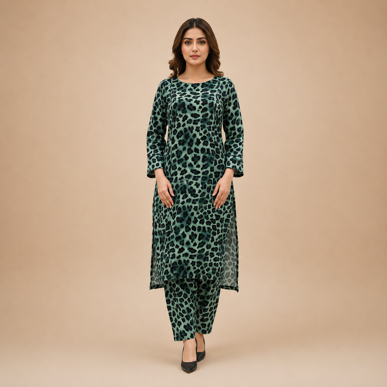 Women's Teal Leopard Print Kurta Pant Set