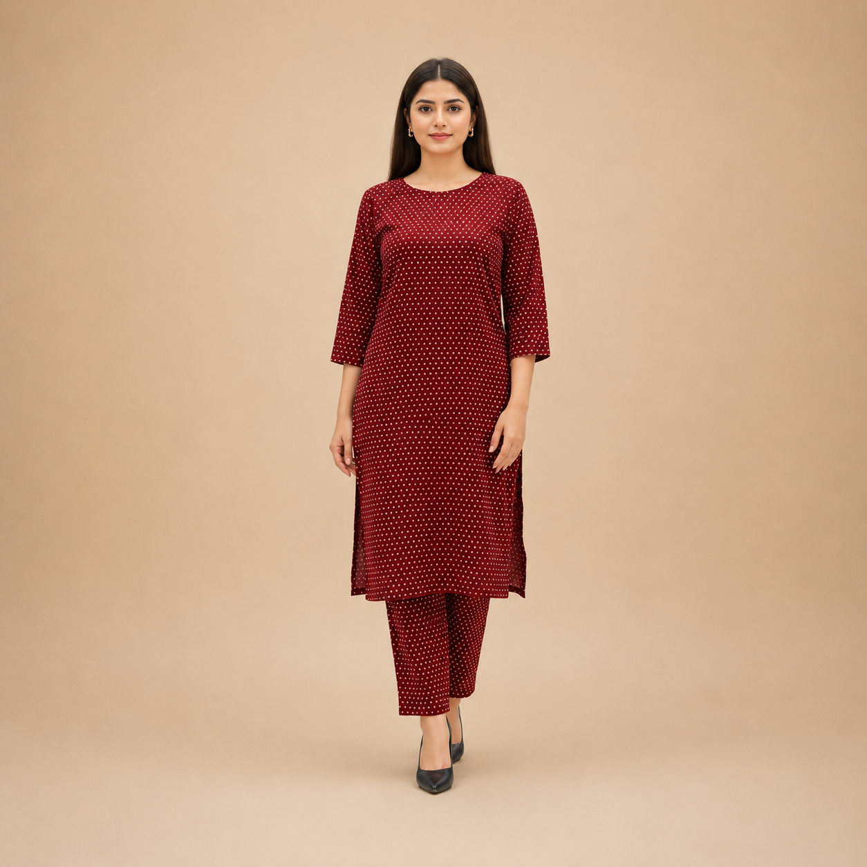 Women's Maroon Polka Dot Kurta Pant Set