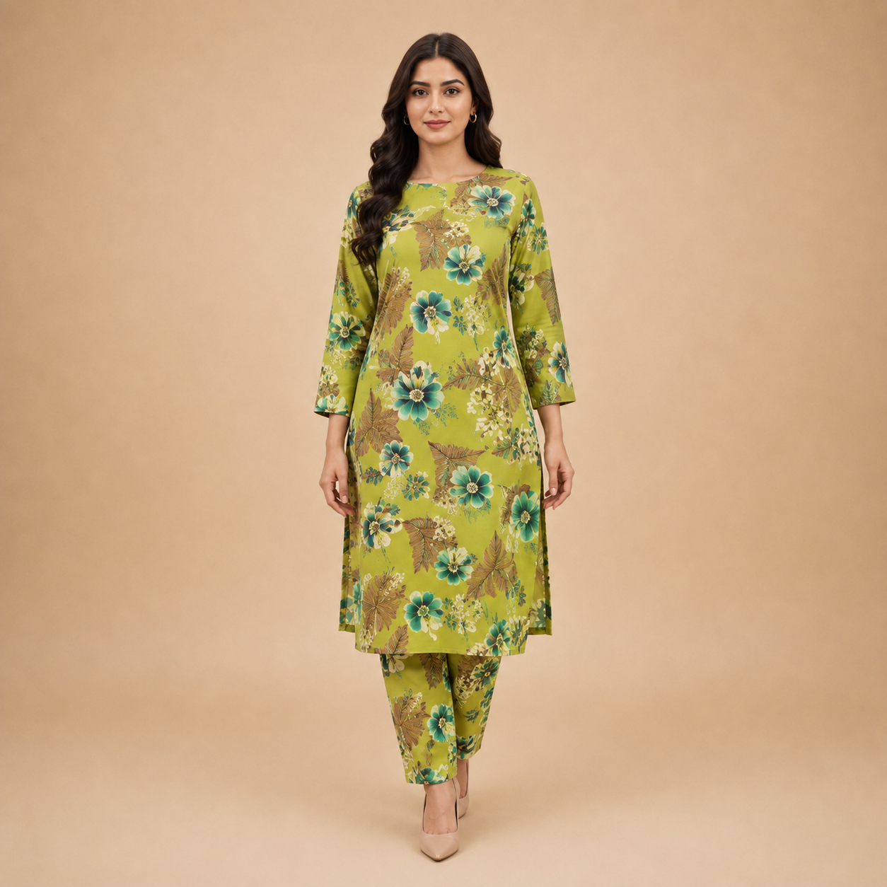 Women's Olive Green Floral Printed Kurta Pant Set