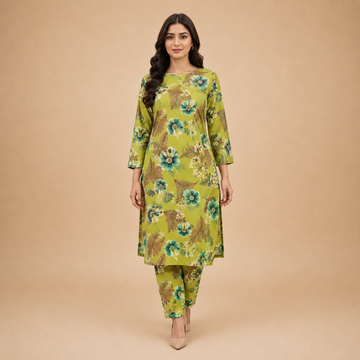 Women's Olive Green Floral Printed Kurta Pant Set