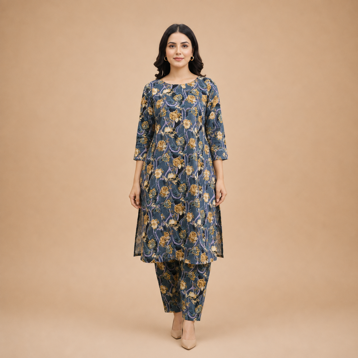 Women's Navy Blue Floral Printed Kurta Pant Set