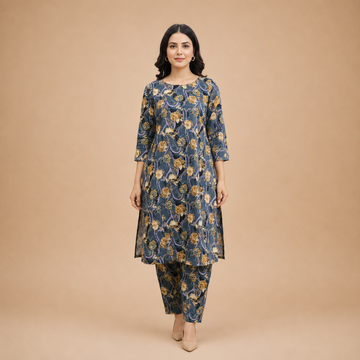 Women's Navy Blue Floral Printed Kurta Pant Set