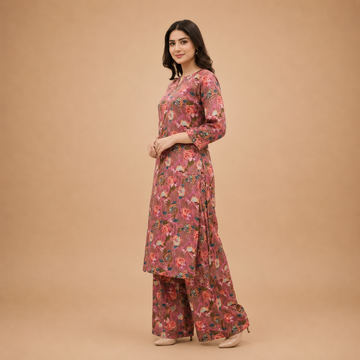 Women's Floral Printed Kurta Palazzo Set – Rose Pink