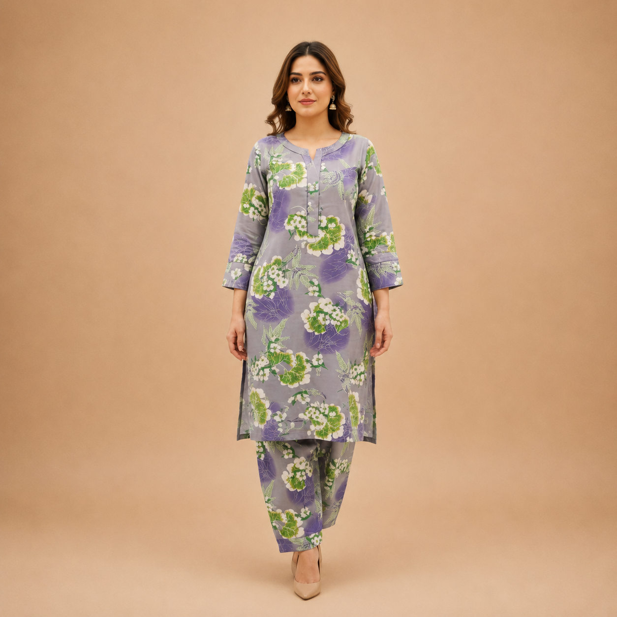 Women's Floral Printed Kurta Pant Set – Lavender Grey