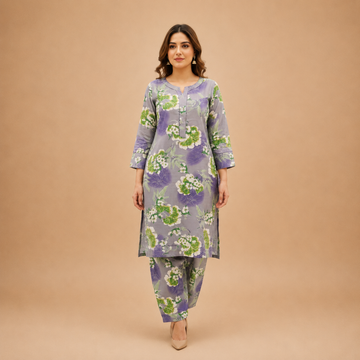 Women's Floral Printed Kurta Pant Set – Lavender Grey