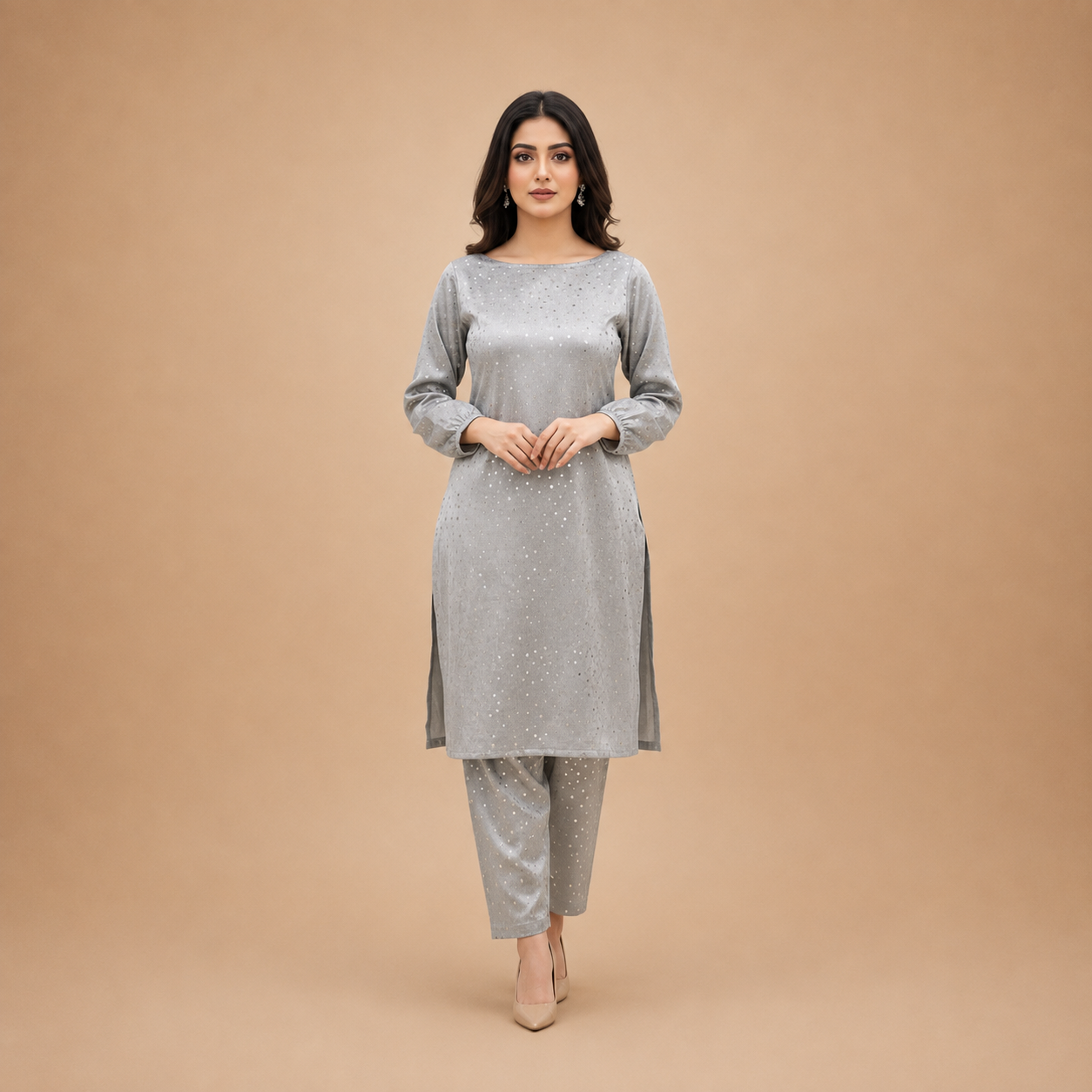 Light Grey Velvet Embellished Kurta Pant Set for Women