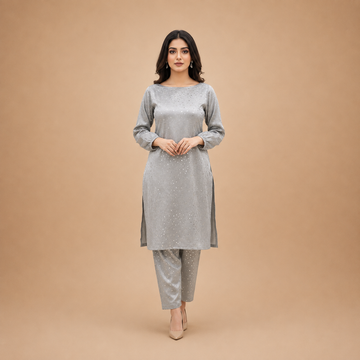 Light Grey Velvet Embellished Kurta Pant Set for Women