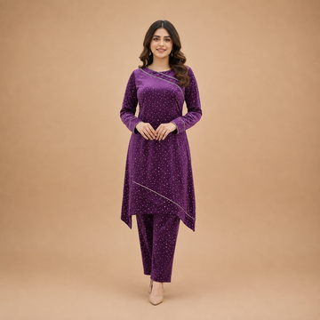 Purple Velvet Embellished Asymmetrical Kurta Pant Set for Women