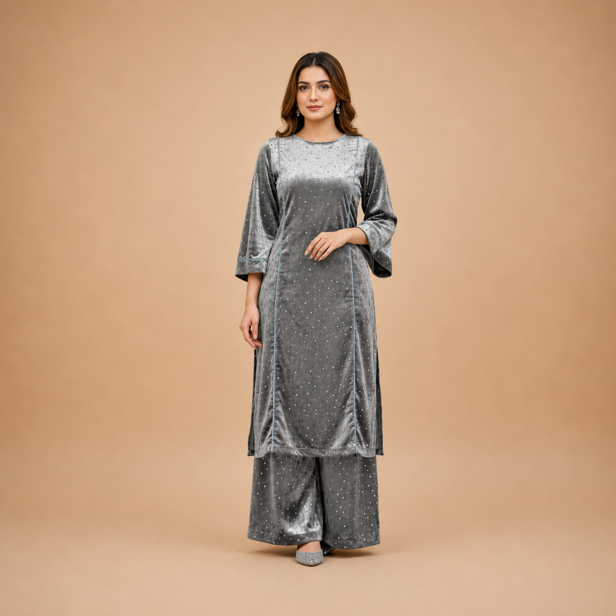Grey Velvet Embellished Kurta Palazzo Set for Women