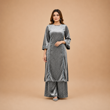 Grey Velvet Embellished Kurta Palazzo Set for Women