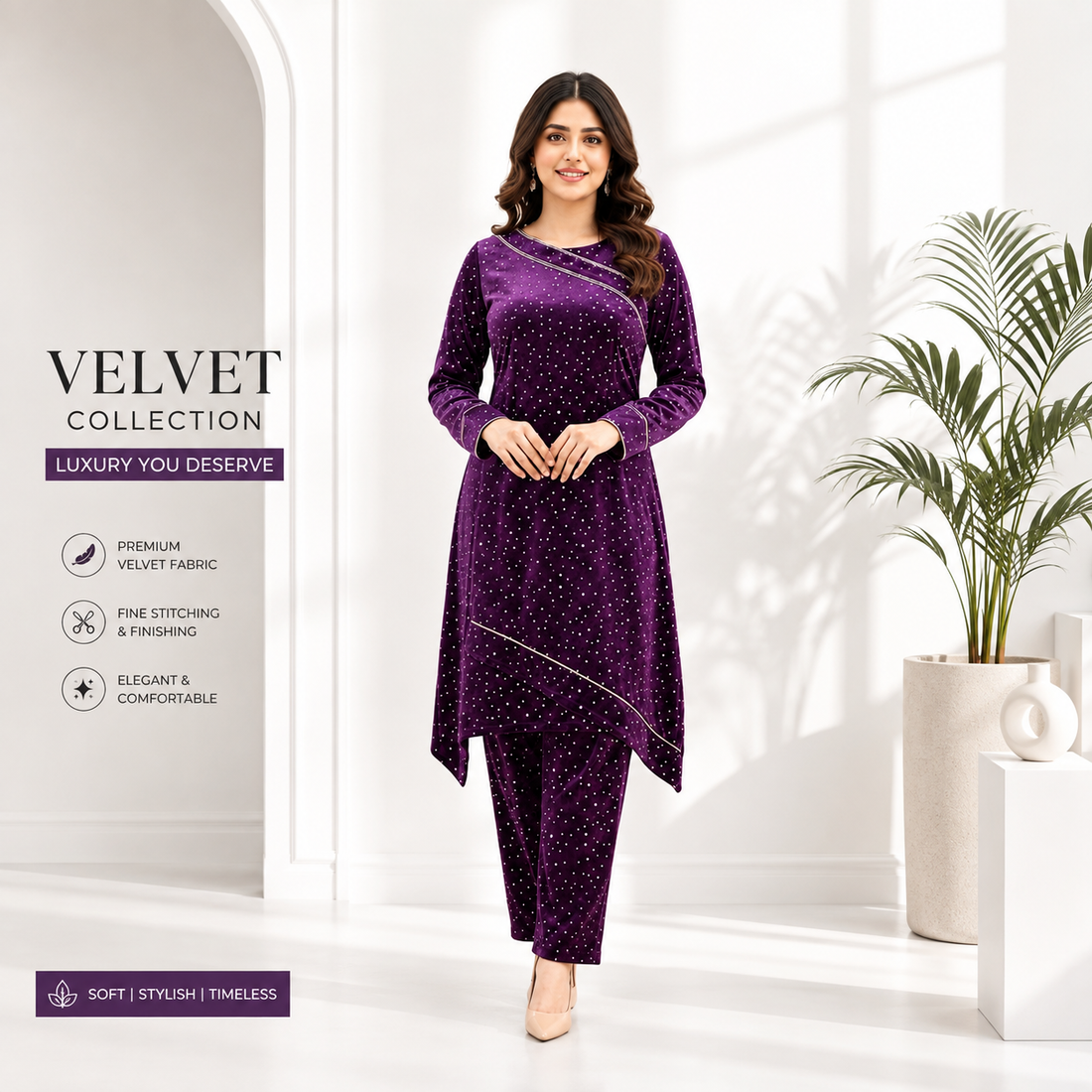 Purple Velvet Embellished Asymmetrical Kurta Pant Set for Women