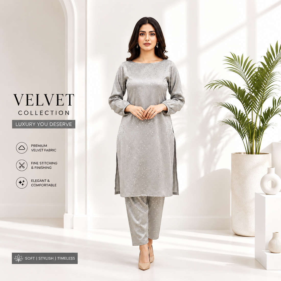 Light Grey Velvet Embellished Kurta Pant Set for Women