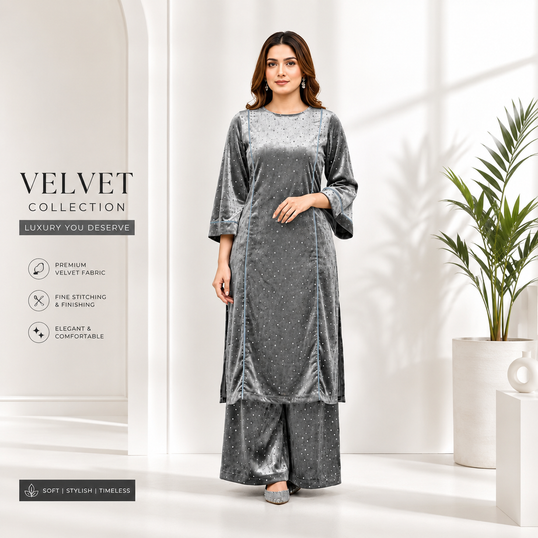 Grey Velvet Embellished Kurta Palazzo Set for Women