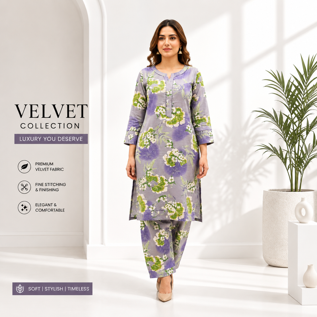 Women's Floral Printed Kurta Pant Set – Lavender Grey