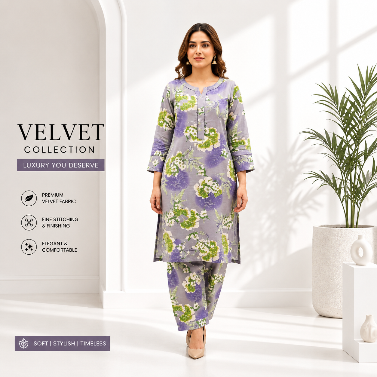 Women's Floral Printed Kurta Pant Set – Lavender Grey