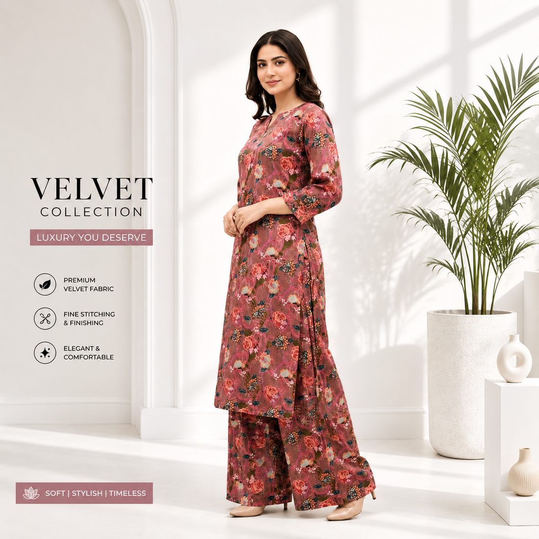 Women's Floral Printed Kurta Palazzo Set – Rose Pink