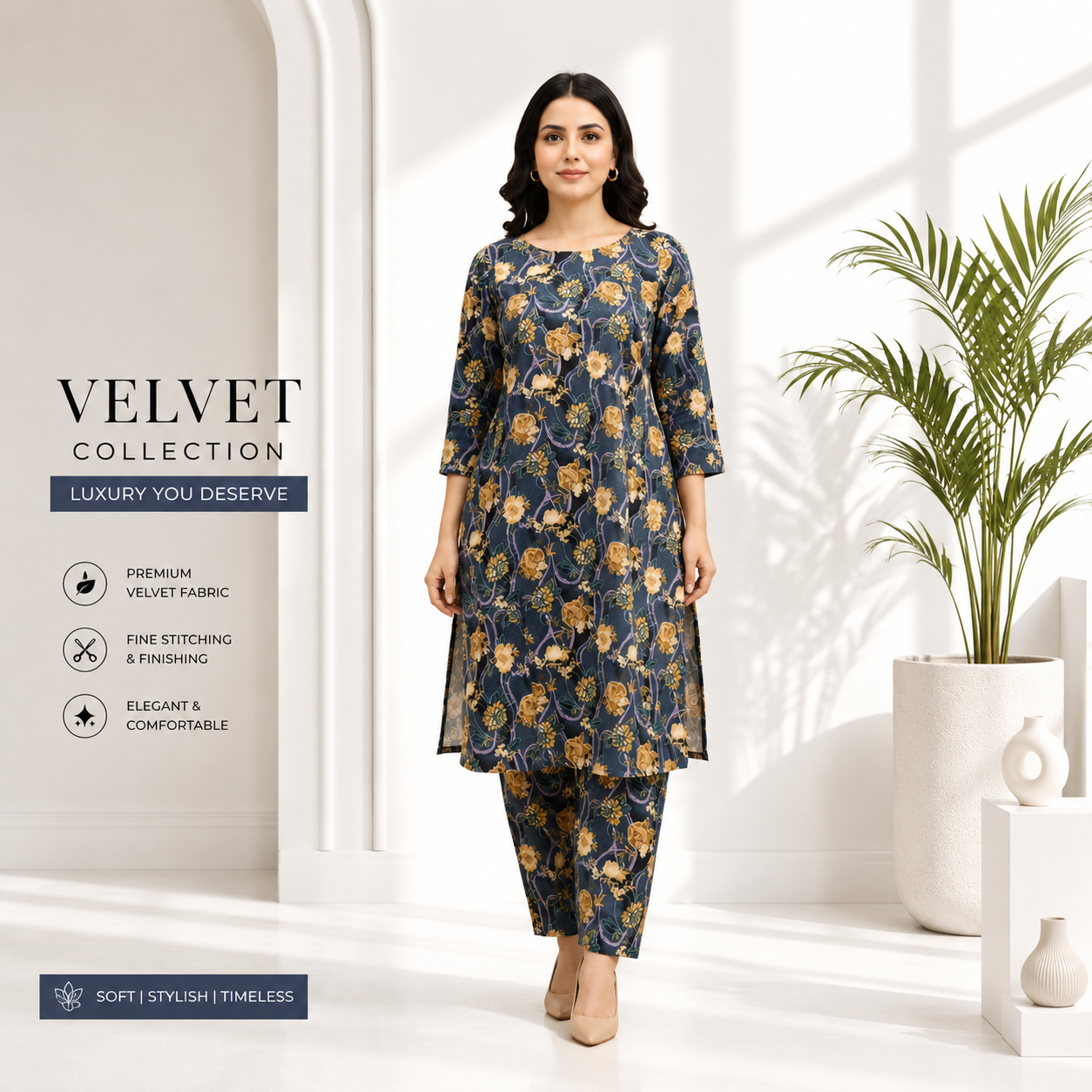 Women's Navy Blue Floral Printed Kurta Pant Set