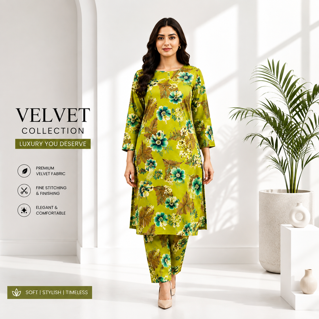 Women's Olive Green Floral Printed Kurta Pant Set