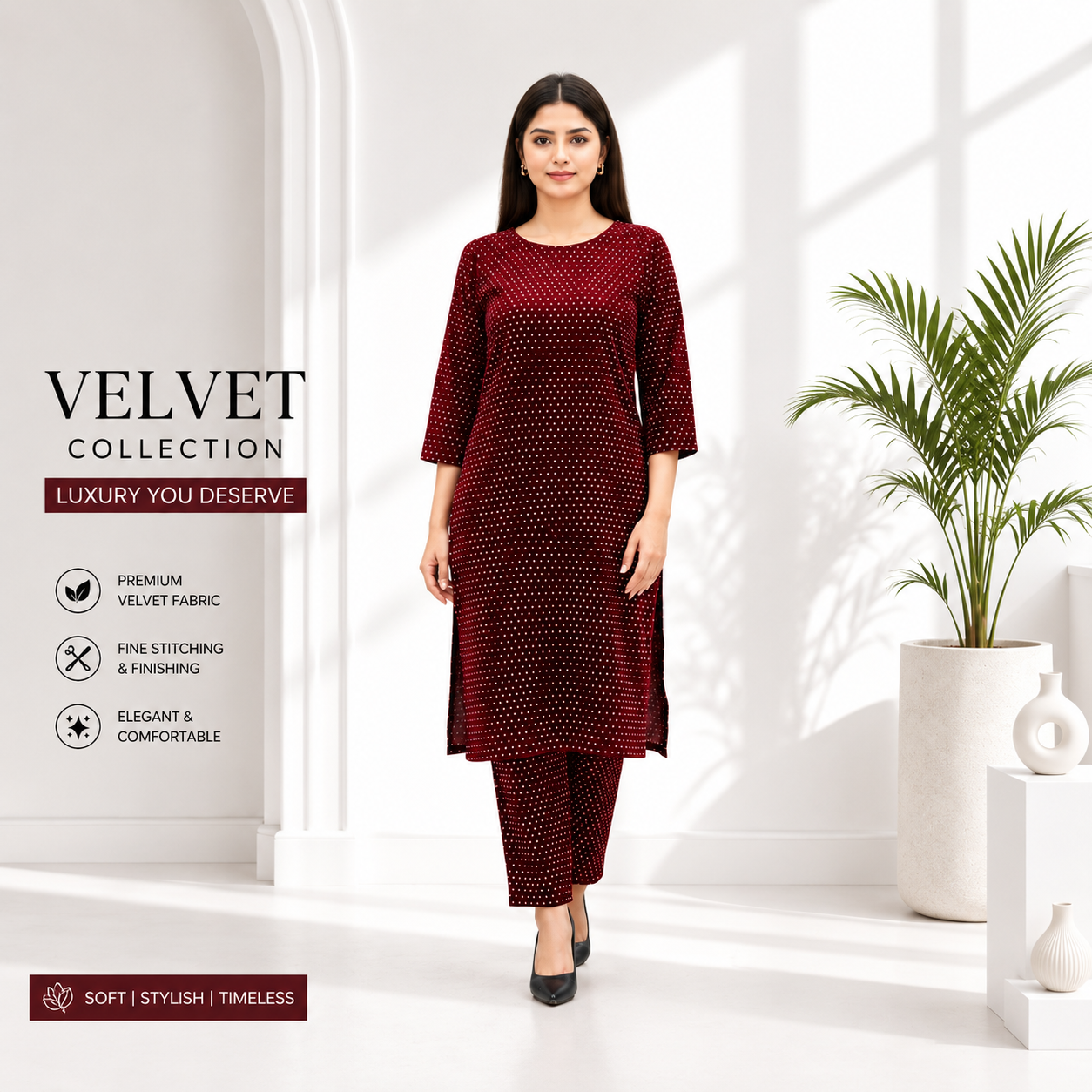 Women's Maroon Polka Dot Kurta Pant Set