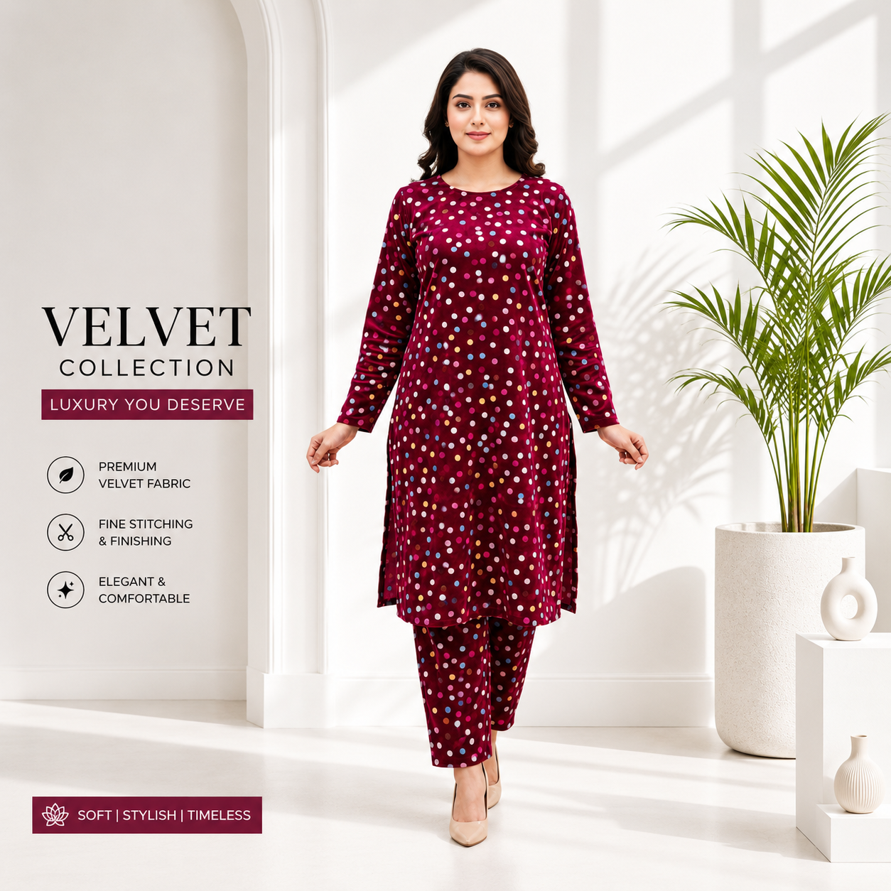 Women's Magenta Polka Dot Kurta Pant Set