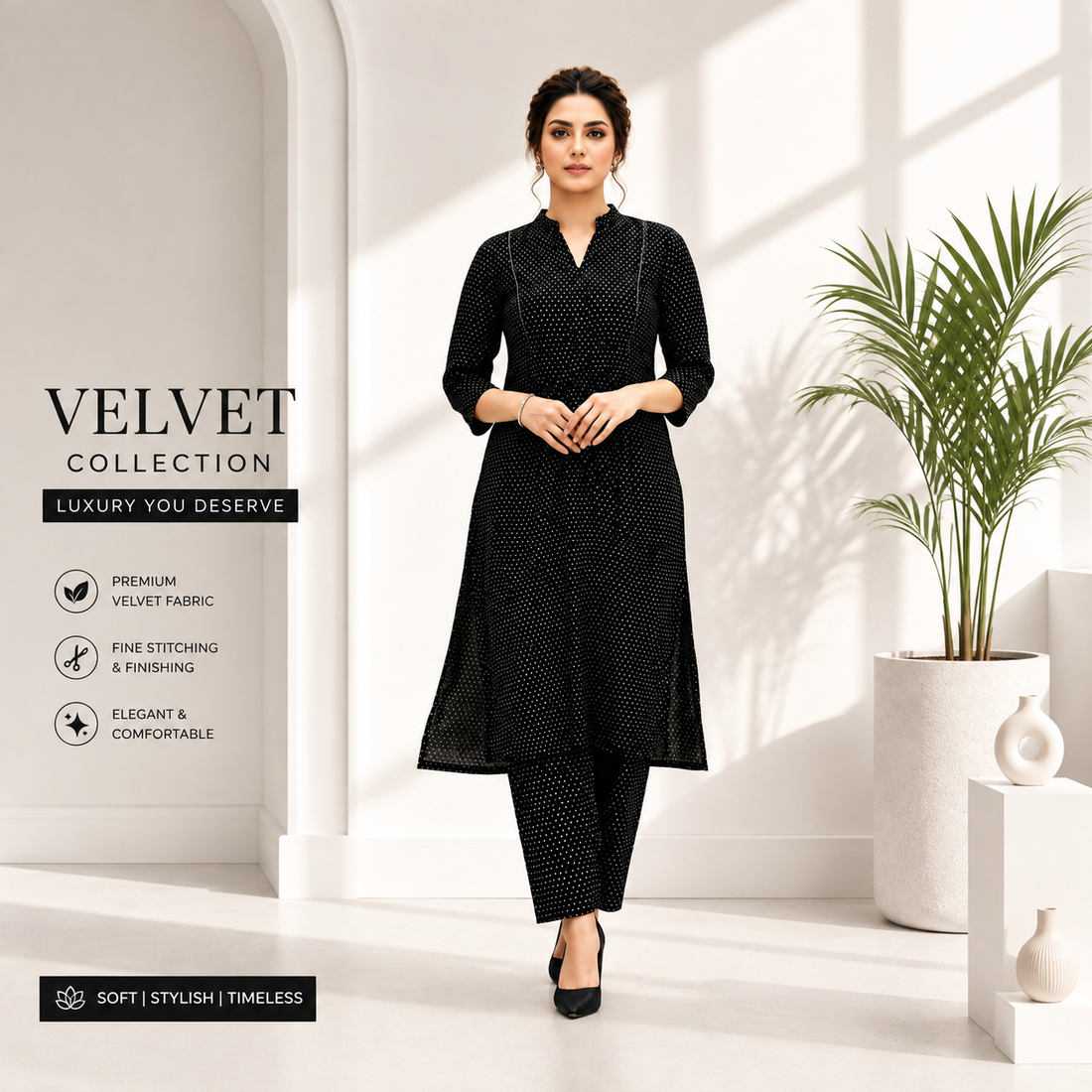 Women's Black Polka Dot Kurta Pant Set