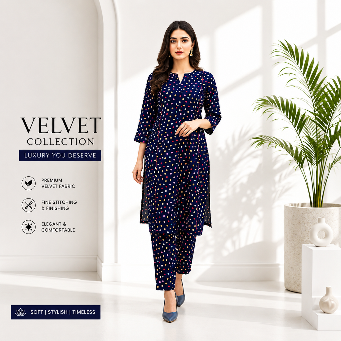 Women's Navy Blue Polka Dot Kurta Pant Set