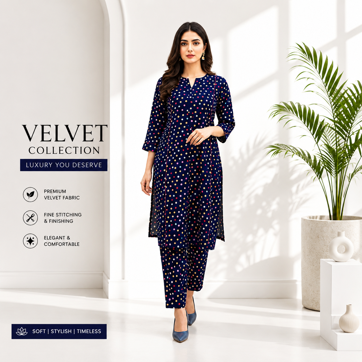Women's Navy Blue Polka Dot Kurta Pant Set