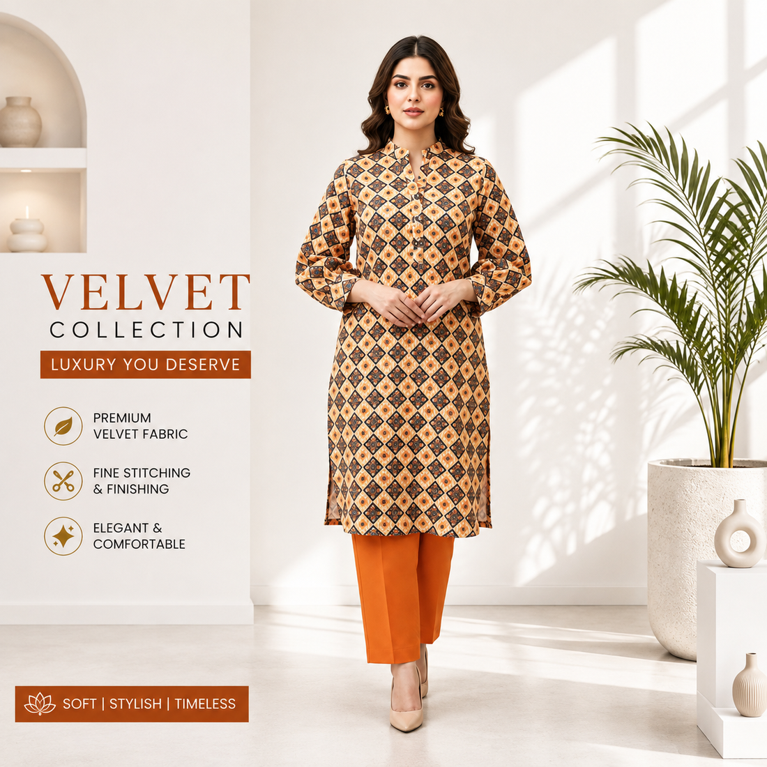 Women's Beige Geometric Printed Kurta Pant Set