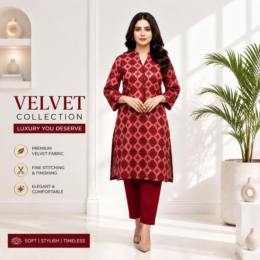 Women's Red Geometric Printed Kurta Pant Set